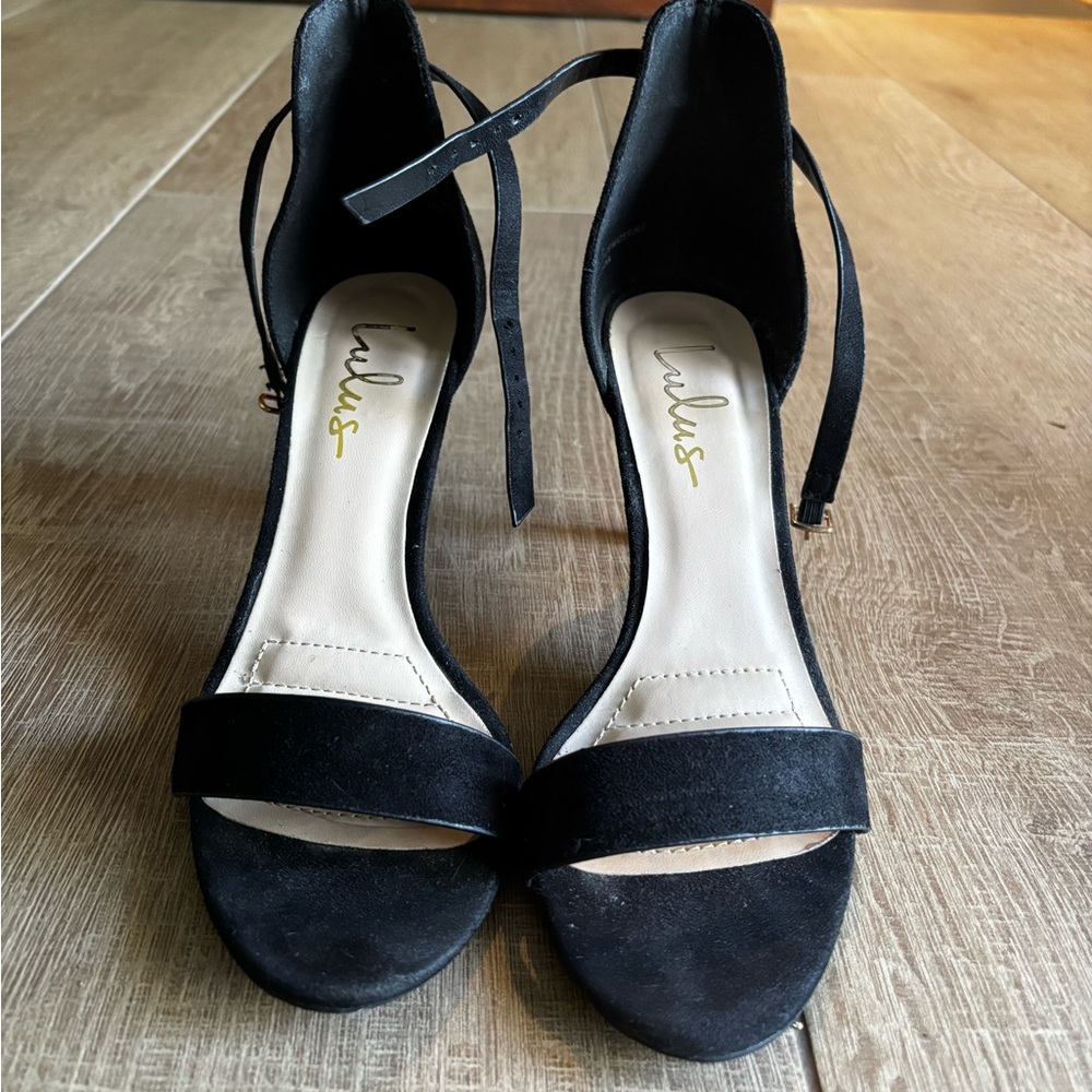 Lulu's Black Suede Open-Toe Ankle-Strap Heels‎